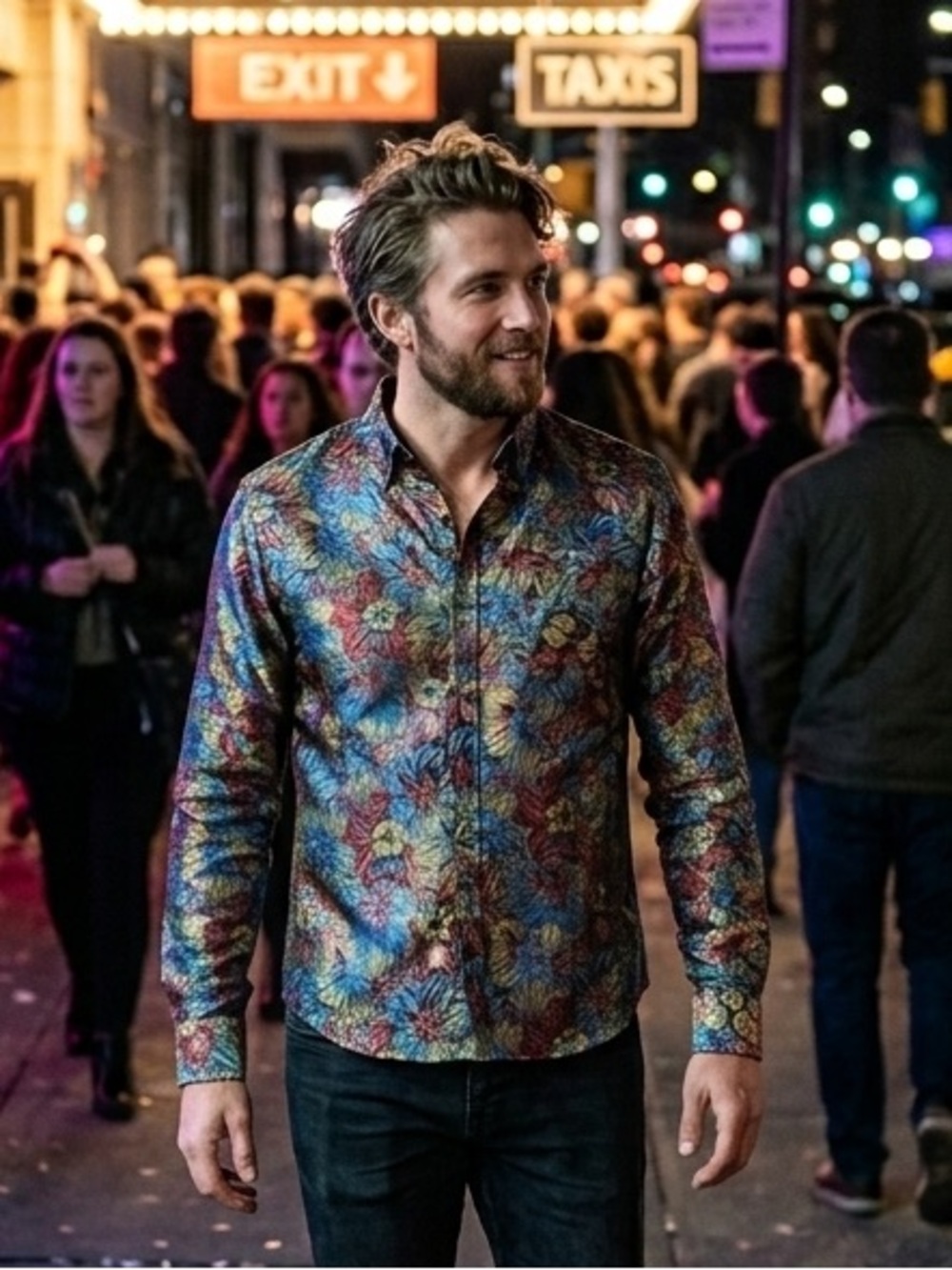 Men's Custom-Made Button-Up Collared Shirt in Unique Multicolor Floral Burst